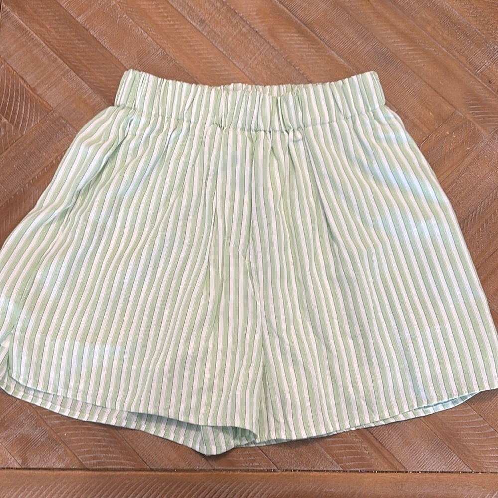 Mable Clothing Pyjama Boxer Style High Rise Elastic Waist Striped Sage Shorts